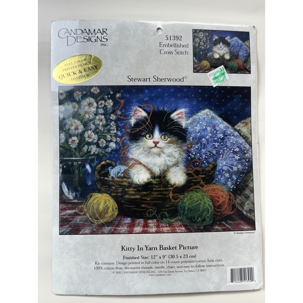 Vintage Candamar Designs #51392 Kitty in Yarn Basket Cross Stitch Kit New